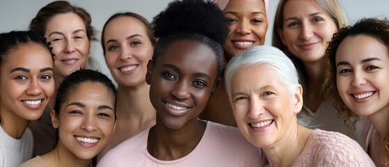 Group of diverse women smiling together in a warm setting, showcasing friendship and unity in a cozy atmosphere