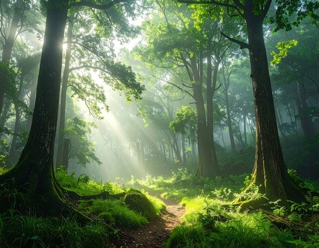 A sun-drenched forest trail, bathed in a mystical, green light. Tall trees and a path are illuminated by rays piercing the mist - Powered by Adobe