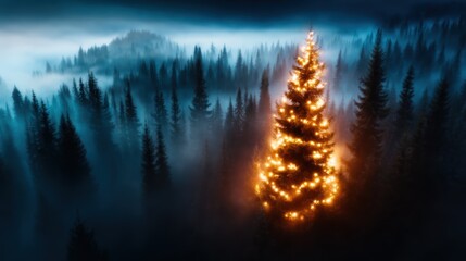 A beautifully lit Christmas tree stands majestically amidst a dark, foggy forest; its glowing lights contrasting with the surrounding mist, creating a magical atmosphere.