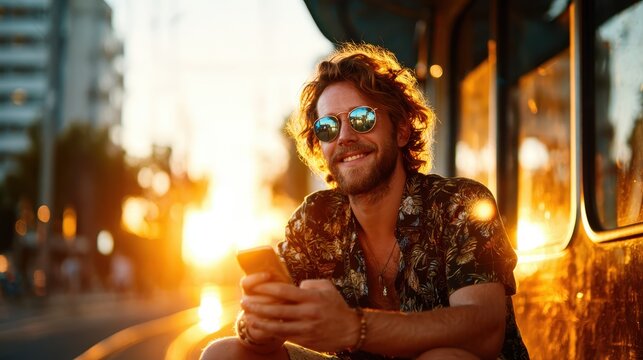 A happy man enjoys his surroundings while sitting outdoors during sunset, capturing the essence of joy and relaxation amid vibrant colors radiating the evening glow. - Powered by Adobe