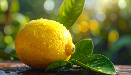 A single, vibrant yellow citrus fruit sits atop a wooden surface with dewy green leaves, sunlit against a blurry green backdrop