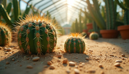Closeup view of round green cactus with sharp spikes in garden center. Succulents stand on ground covered with brown pebbles. Sunlight shines inside greenhouse over cacti and plants.