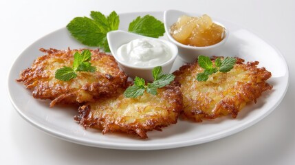 Plakat Crispy golden latkes served with applesauce and sour cream on white background.