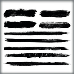 Set of rough black grunge paint brush strokes, borders, and banners for texture art design, vector ink illustration splash elements