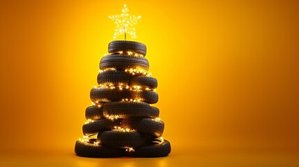 Creative Christmas Tree Made of Car Tires Decorated with Lights and a Star on a Warm Yellow Background, Holiday Automotive Concept