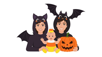 Halloween Family Fun: A joyful family dressed in festive costumes, featuring a pumpkin and a bat, celebrate the spirit of Halloween with smiles and delight.