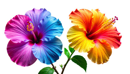 Two tropical hibiscus variations with colorful floral backdrop isolated on transparent background