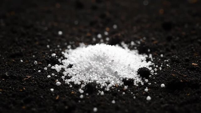 White Granulated Substance on Dark Soil Surface in Close-Up View