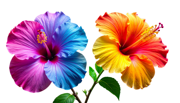 Two tropical hibiscus variations with colorful floral backdrop isolated on transparent background