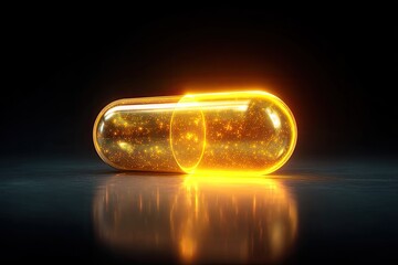 A glowing capsule with internal particles rests on a reflective surface against a black backdrop