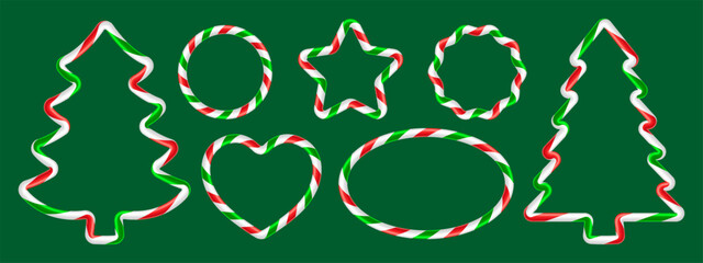 Collection of red, green, and white glossy candy cane striped borders includes various holiday shapes like a Christmas tree, star, and heart