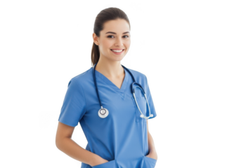 Smiling nurse wearing blue scrubs and stethoscope ready to assist patients with care isolated on transparent background