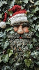 Whimsical Wooden Santa Claus Sculpture with Red Knit Hat Peeking Through Lush Green Ivy, Festive Holiday Decoration