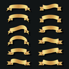 Set of Elegant Golden Curled Ribbons, Banners, and Labels Collection: Vintage Vector Illustration Design Elements for Awards, Scrolls, Frames, and Decorative Symbols
