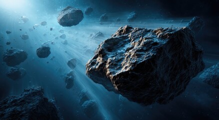 Cluster of celestial bodies floating with illuminated rays in a deep, dark cosmic realm