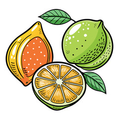 Colorful citrus fruit illustration featuring oranges, lemons, and limes with fresh green leaves, drawn in a vibrant cartoon style