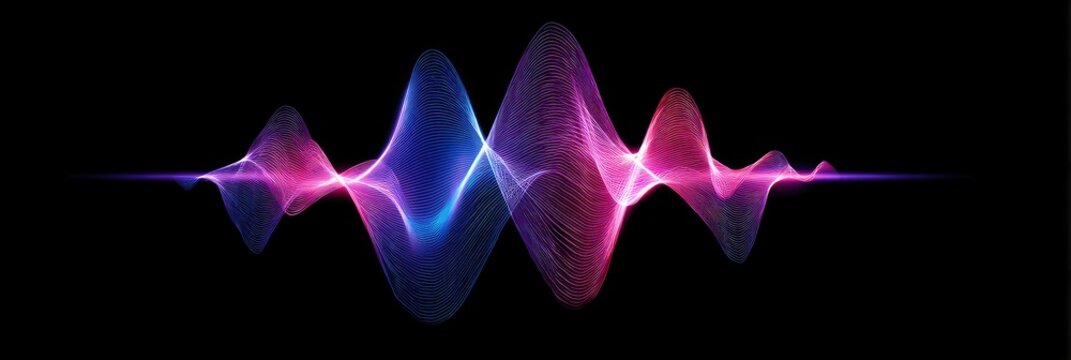 Abstract visual representation of sound waves in vibrant hues of purple and blue against a black background