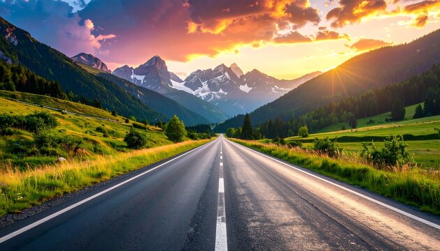 A straight road cuts through a lush valley, leading toward snow-capped mountains under a vibrant sunset sky. Rolling hills frame the asphalt path