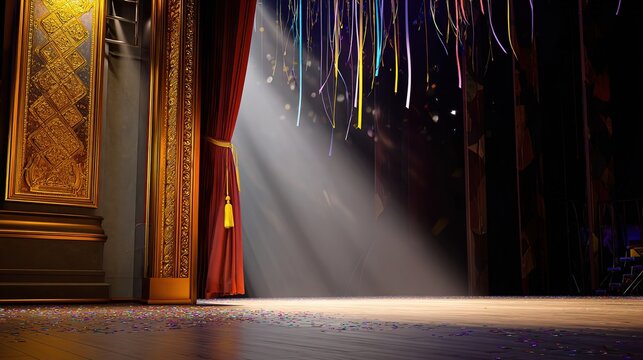 Minimalist wide shot of historic empty theater stage, grand curtain and proscenium as strong focal point, ample copy space for text, ideal for event poster or branding design