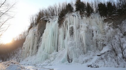 Stunning icy waterfall surrounded by snowy trees in winter landscape