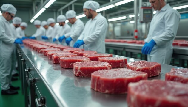 Rows of fresh beef steaks move on a metal conveyor belt. Workers in white suits and blue gloves prepare meat cuts at a modern food processing plant. Beef production line in factory.