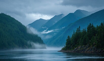 A misty fjord scene features lush evergreen forests and dramatic, towering mountain ranges