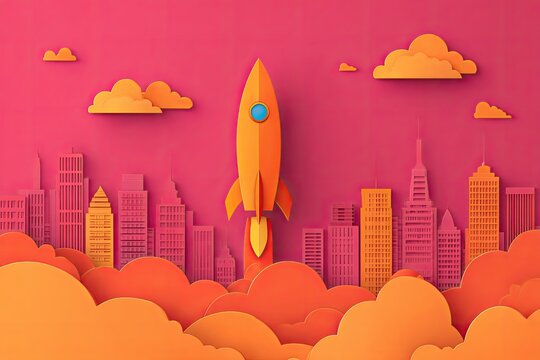 Papercut style illustration depicts a rocket launching from a city surrounded by clouds in a sunset sky - Powered by Adobe