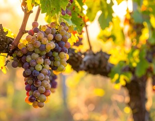 Close-up view of ripe grapes on a vine, bathed in golden sunlight