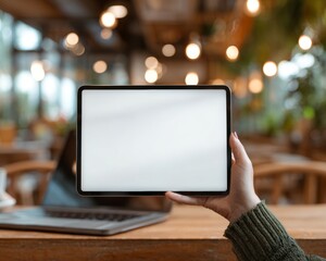 Mockup screen digital tablet. Woman holding digital tablet with blank white screen with laptop computer on table at coffee shop, template for web app design or social media marketing. Self-employed