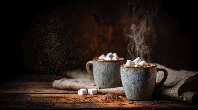 Two steaming mugs of hot chocolate topped with marshmallows sit on a rustic wooden table. - Powered by Adobe