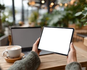 Mockup screen digital tablet. Woman holding digital tablet with blank white screen with laptop computer on table at coffee shop, template for web app design or social media marketing. Self-employed