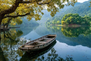 Obraz premium Wooden boat on tranquil blue water lake reflection
