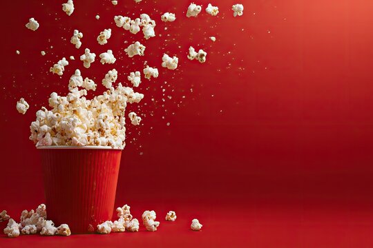 A red cup overflowing with popcorn, with kernels suspended mid-air against a bright red background