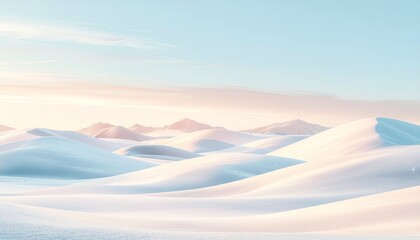snow hills stretch across a wide, minimalist winter landscape under a pale blue and pastel pink sky