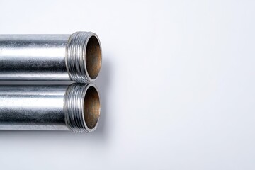 Close-up of two metal pipes with threaded ends, arranged parallel against a white background