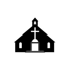 simple black and white silhouette illustration of a church building with a cross