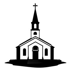 silhouette of a traditional church with a steeple and cross against a transparent background