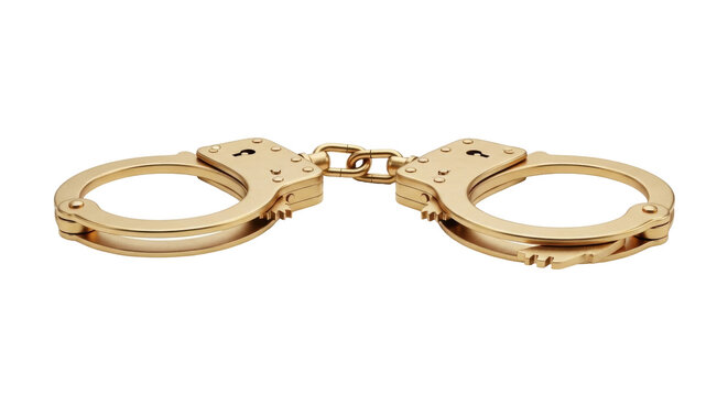 Isolated golden handcuffs symbol of law enforcement arrests crime punishment restraint