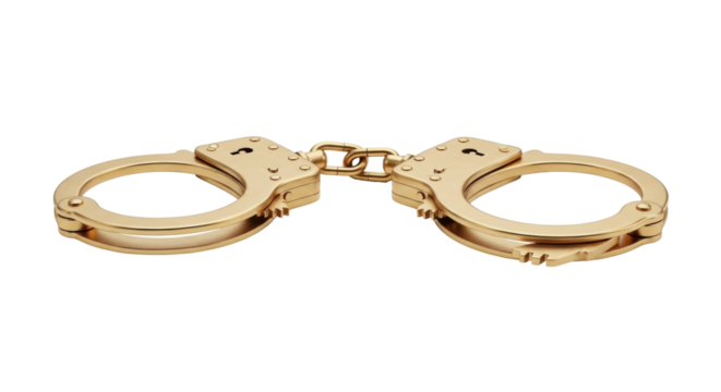 Isolated golden handcuffs symbol of law enforcement arrests crime punishment restraint