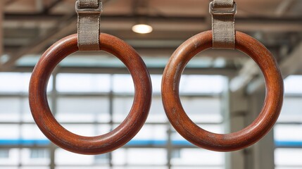 Wooden gymnastics rings for strength training in a modern gym environment