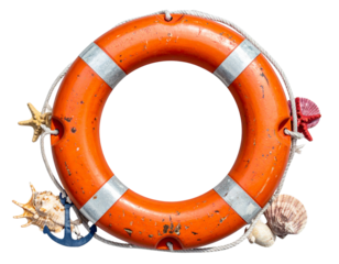 Weathered Orange Lifebuoy with Nautical Elements