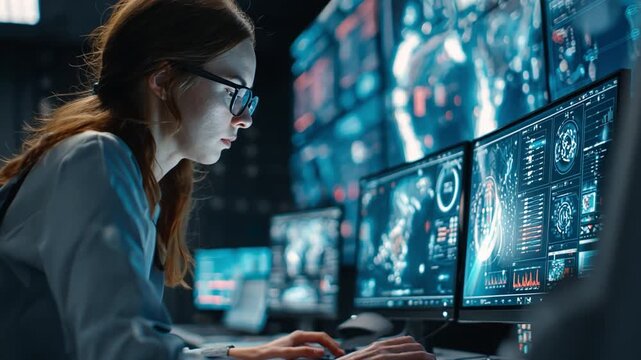 AI Control Room, operators monitoring data dashboards with holographic analytics in futuristic industrial center.