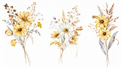 Fototapeta premium Set of Three Watercolor Fall Bouquets with Yellow Flowers and Dried Botanicals