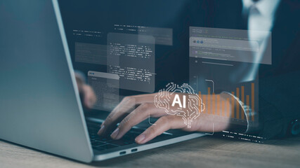 AI programming and assistant concept showing typing on laptop with digital interface overlays, including code, data analytics, and artificial intelligence icons for innovation and tech development.