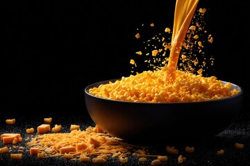 A dark bowl overflowing with pasta and cheese sauce pouring from above