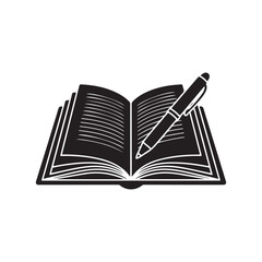 Minimalist Open Book and Pen Black and White Icon