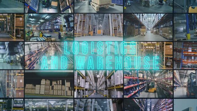 Logistics and warehouse. Inventory & Warehouse Management. The concept of operating a large multi-level warehouse, inside. Inventory and warehouse management. Multiscreen, background.