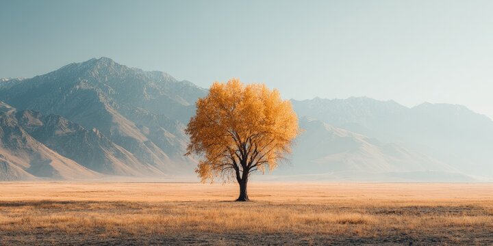A lone tree with golden leaves stands in a field before a mountain range. Sunlight illuminates the landscape