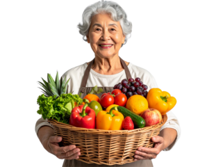 Joyful Senior Woman Holding Basket of Fresh Fruits and Vegetables