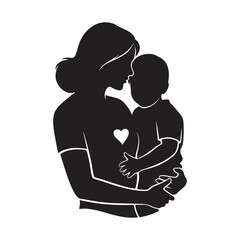 Monochromatic Vector Silhouette of Mother Embracing Child with Heart Icon